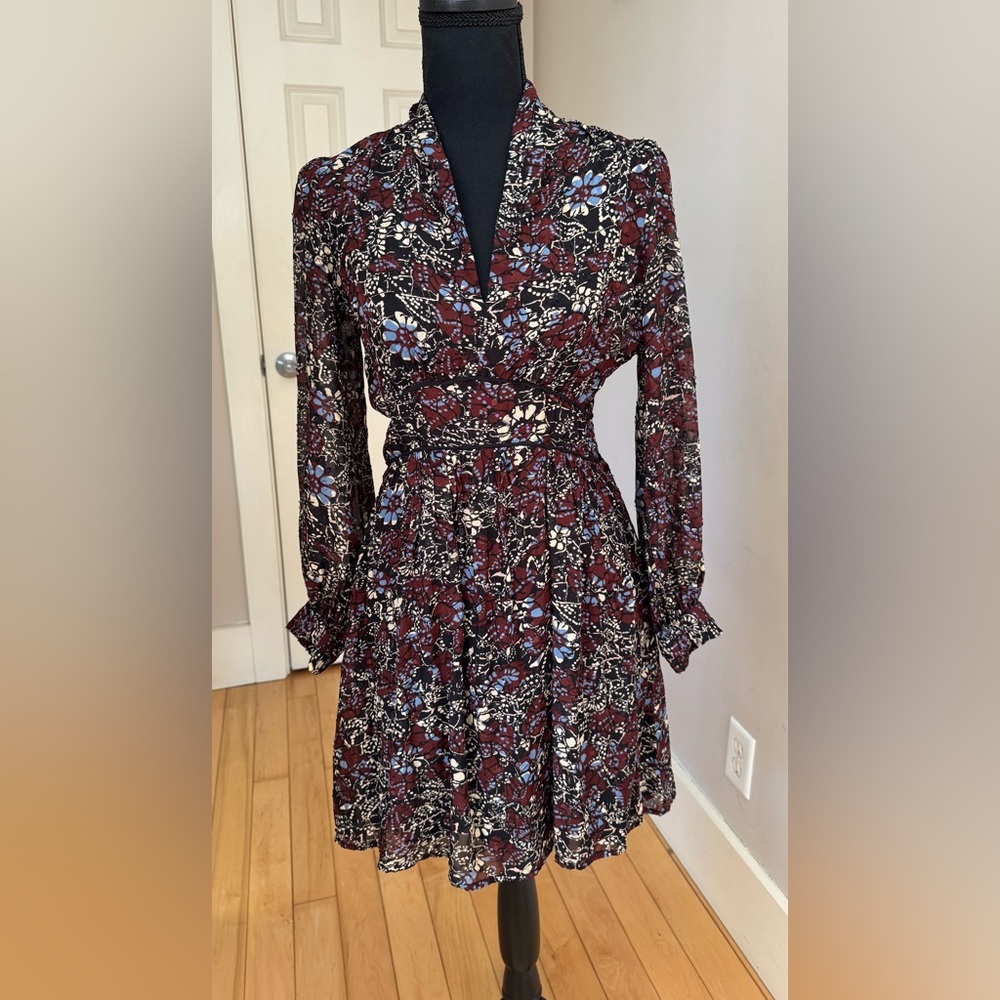 Ba&sh Giani‎ sheer floral long sleeve v-neck mini dress side zip women’s size 2